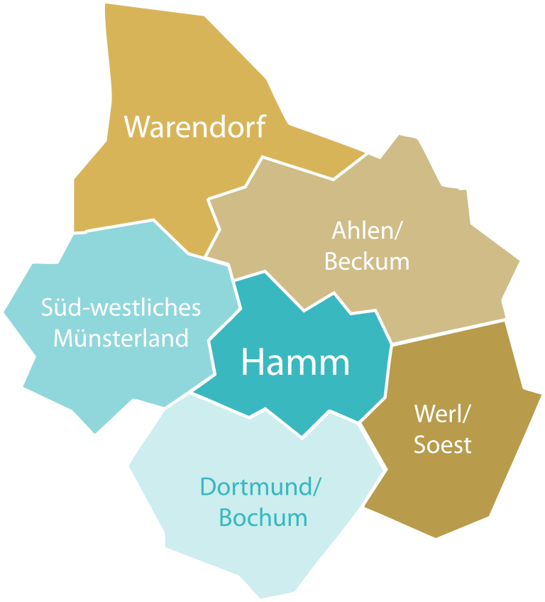 Karte der Einsatzgebiete von Nettelbeck Alltagshilfe in Hamm, Warendorf, Ahlen, Beckum, Soest und dem süd-westlichen Münsterland.